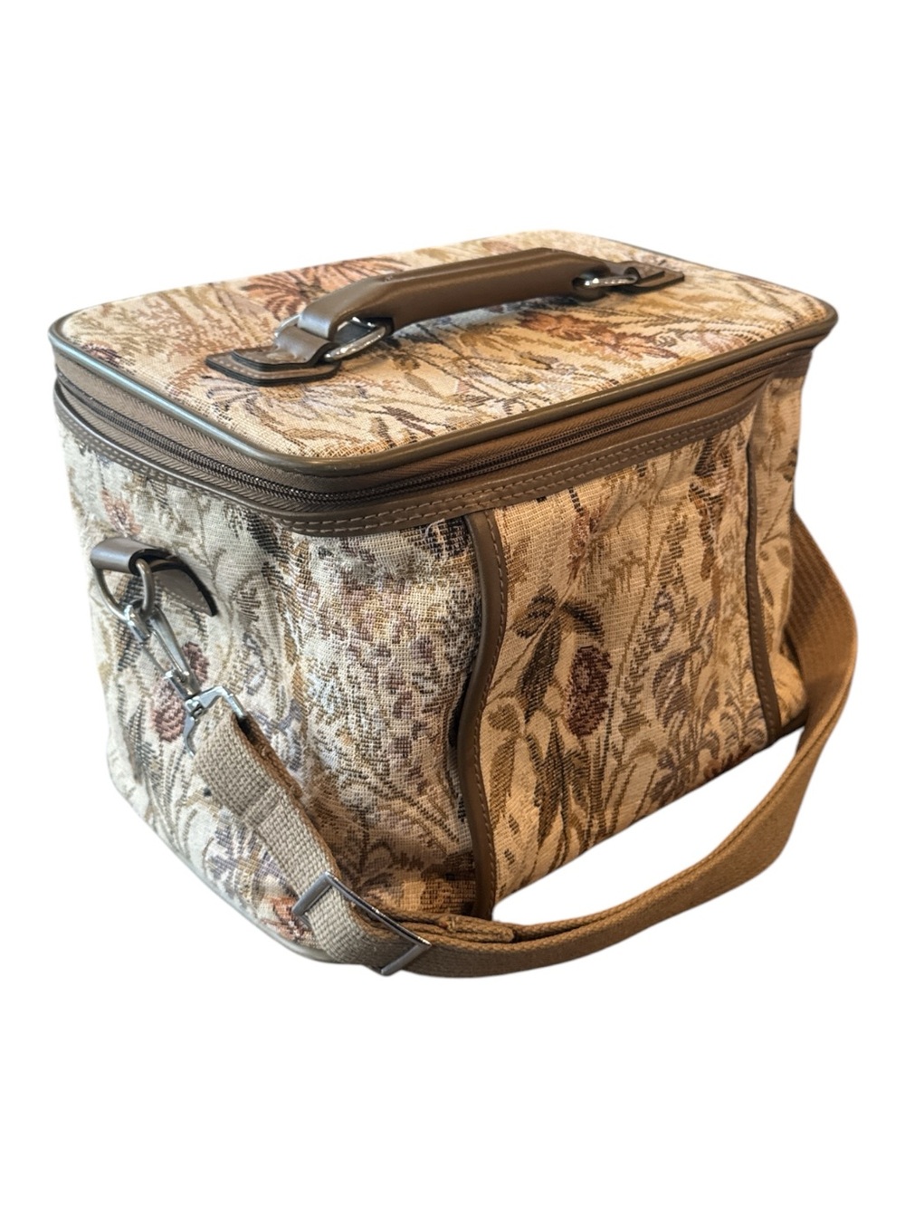 Vintage Jordache Floral Tapestry Train Case Beige Multi Cosmetic Bag